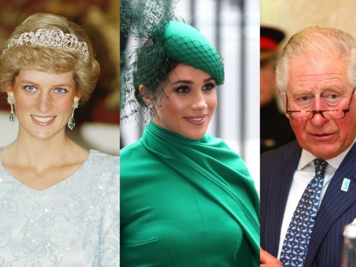 Prințesa Diana purtând o rochie de bal palidă și o tiară la München. Meghan Markle într-o rochie verde și pălărie