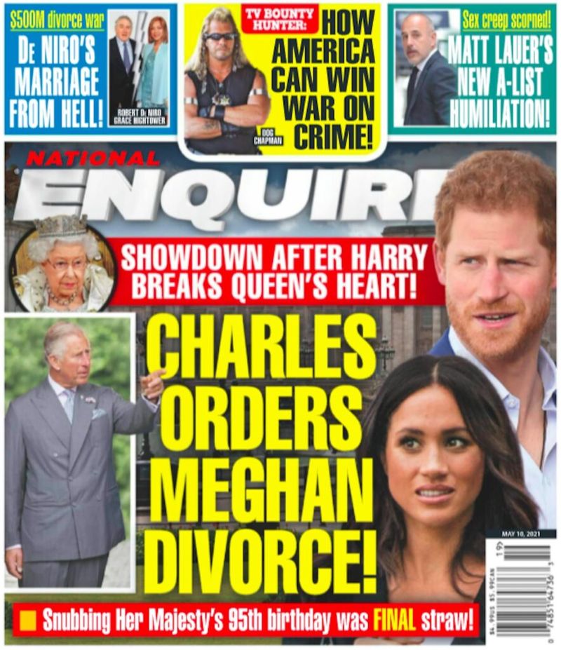 cover av National Enquirer med prins Charles, prins Harry og Meghan Markle