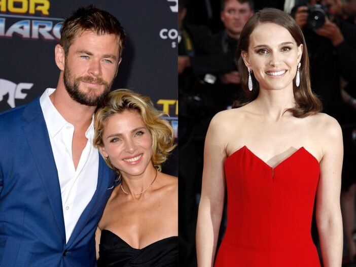 Dos fotos: Chris Hemsworth y Elsa Pataky a la izquierda, Natalie Portman a la derecha.
