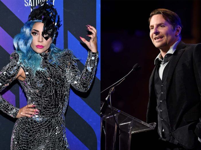 Dve fotografiji, ena Lady Gaga v dramatični obleki in ena Bradleyja Cooperja v smokingu