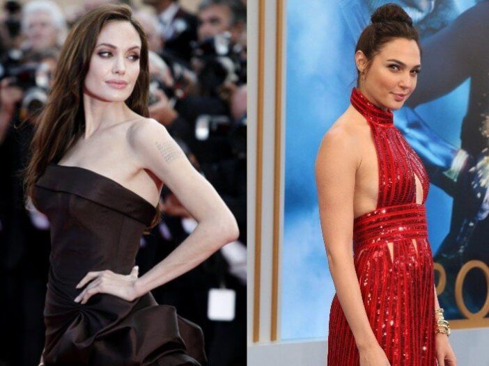 Una imagen compuesta con Angelina Jolie en negro, a la izquierda, y Gal Gadot en rojo, a la derecha.