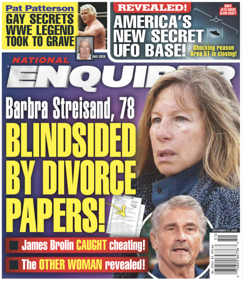 naslovnica National Enquirera s Barbrom Streisand i tekstom ZAslijepljeni papirima o razvodu