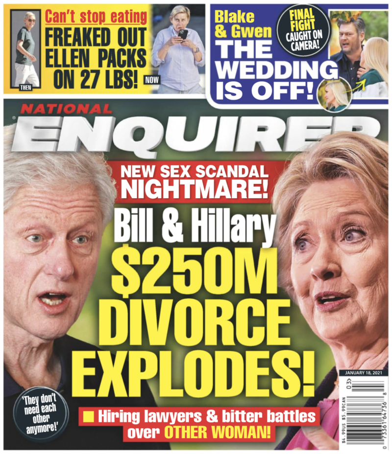 Obálka National Enquirer z 19. januára 2021, na ktorej sú Bill a Hillary Clintonovci.
