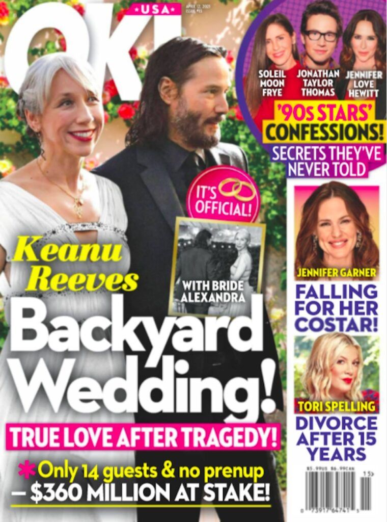 viršelis gerai! su Keanu Reevesu ir Alexandra Grant su tekstu „Vestuvės kieme!