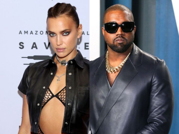 fotos de lado a lado de Irina Shayk y Kanye West en trajes negros