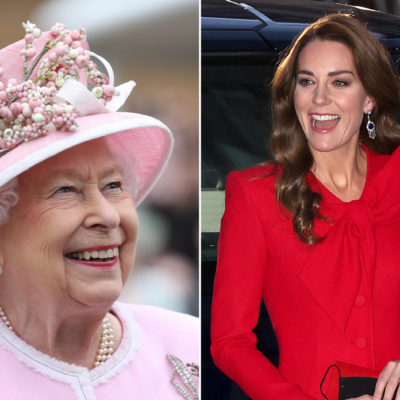 Ekraanipildid kuninganna Elizabethist udusel taustal ja Kate Middletonist