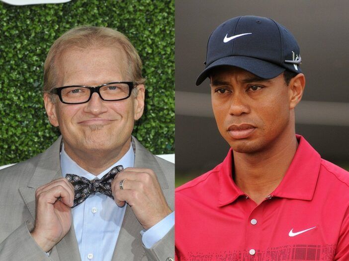 vzporedno fotografije Drewa Careyja v obleki in Tigerja Woodsa v rdeči srajci za golf in črnem klobuku
