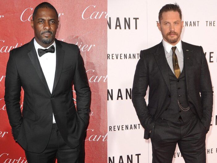 Fotos de lado a lado. Idris Elba a la izquierda con un esmoquin, Tom Hardy a la derecha con un traje de tres piezas.