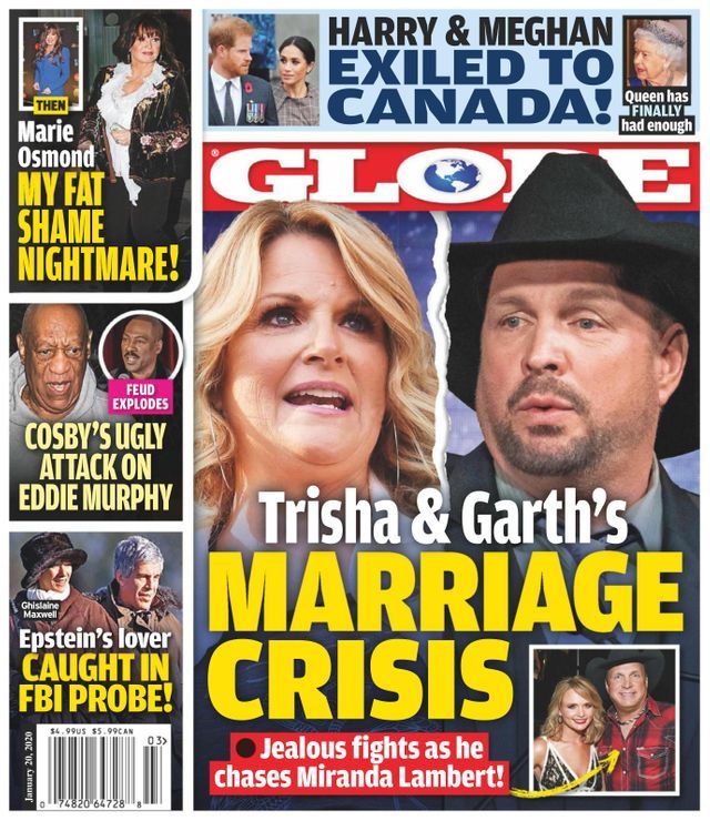 Garth Brooks og Trisha Yearwood på forsiden av Globe i en historie om en ekteskapskrise over M