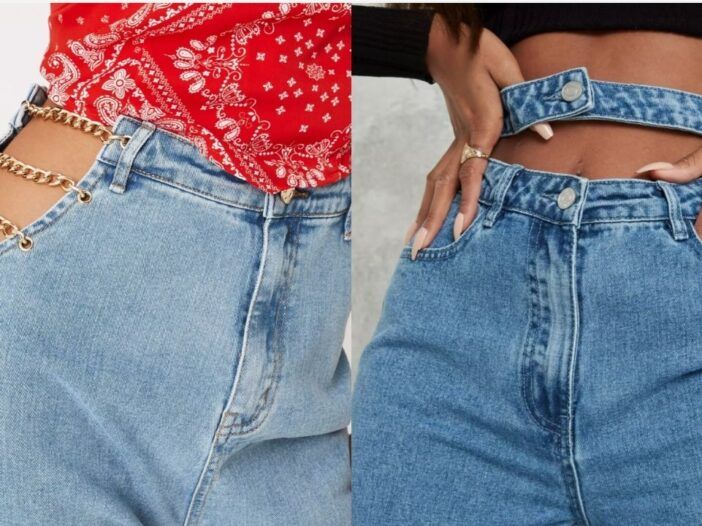 Dos pares de jeans con recortes en las áreas de la cadera y el estómago.