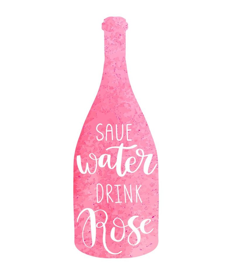 Käsitsi joonistatud tüpograafiaplakati kujundus roosa akvarelliga maalitud veinipudeliga, millel on fraas Save water Drink Rose.