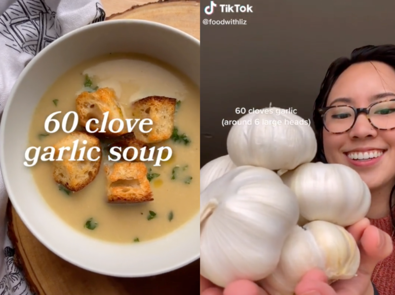Imagen de lado a lado de la sopa de 60 dientes de ajo terminada y el usuario de TikTok @foodwithliz sosteniendo 60 dientes de ajo.