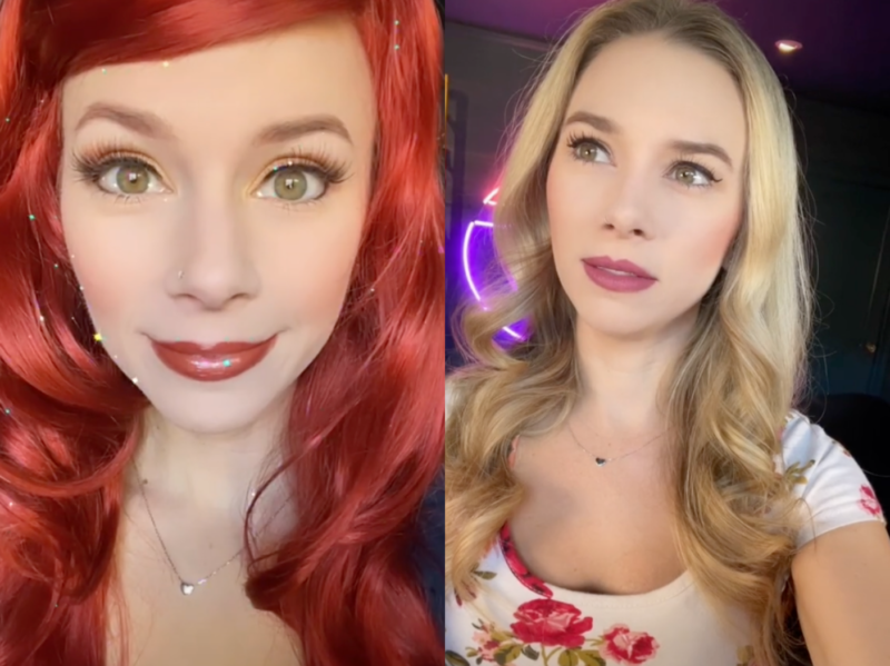 Imágenes de lado a lado de Sarah Daniels con su maquillaje de Ariel y ella en un video de TikTok