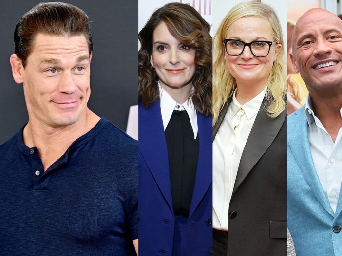 Vzporedno fotografije John Cena v modri, Tina Fey v modri obleki, Amy Poehler v črni obleki, Dway