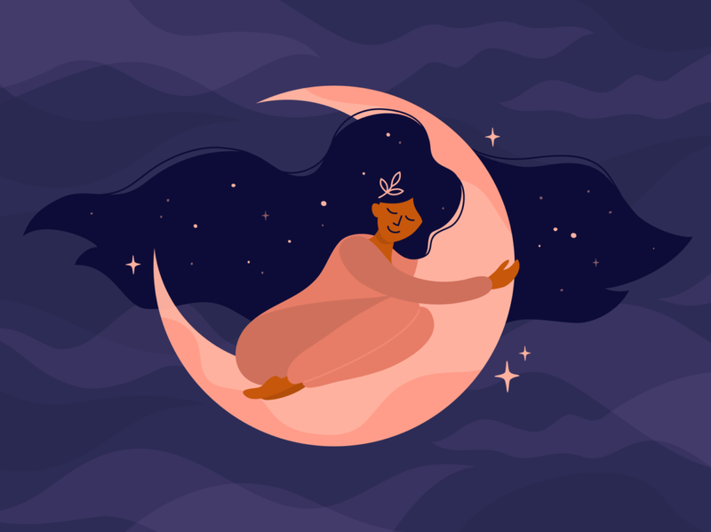 En tecknad kvinna krullar in i en måne
