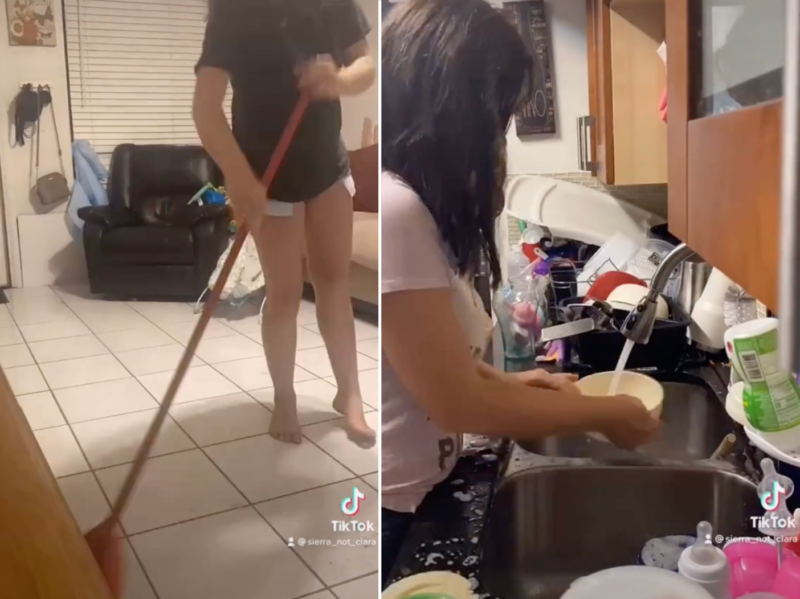 Screengrabs av TikToker som feier gulvet og tar oppvasken